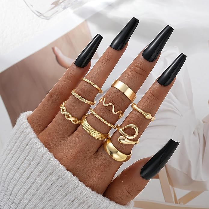 FAXHION Gold Knuckle Rings Set for Women Snake Chain Stacking Ring Vintage BOHO Midi Rings SIze Mixed