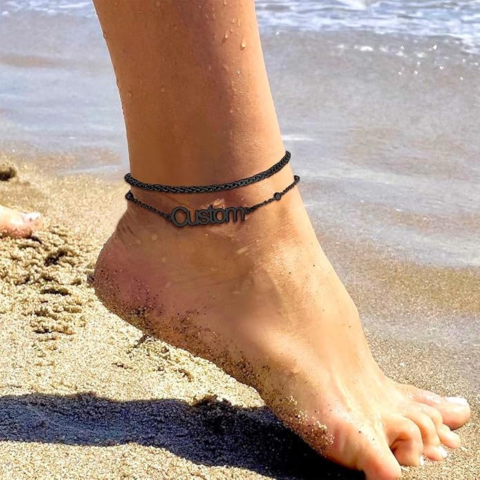 U7 Custom Layered Ankle Bracelets for Women Stainless Steel Bead/Cuban/Figaro/Rope/Wheat Chain Anklet Waterproof Anklet Jewelry for Beach Vacation