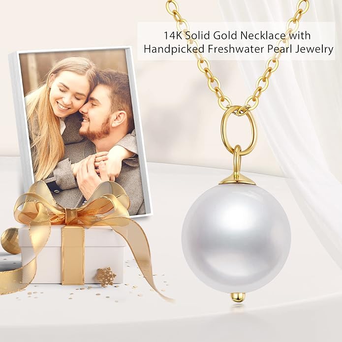 14K Solid Gold Pearl Necklace for Women, Real Gold Freshwater Cultured Single Pearl Pendant Anniversary Jewelry Gifts for Her, Wife, Mom 16"-18"