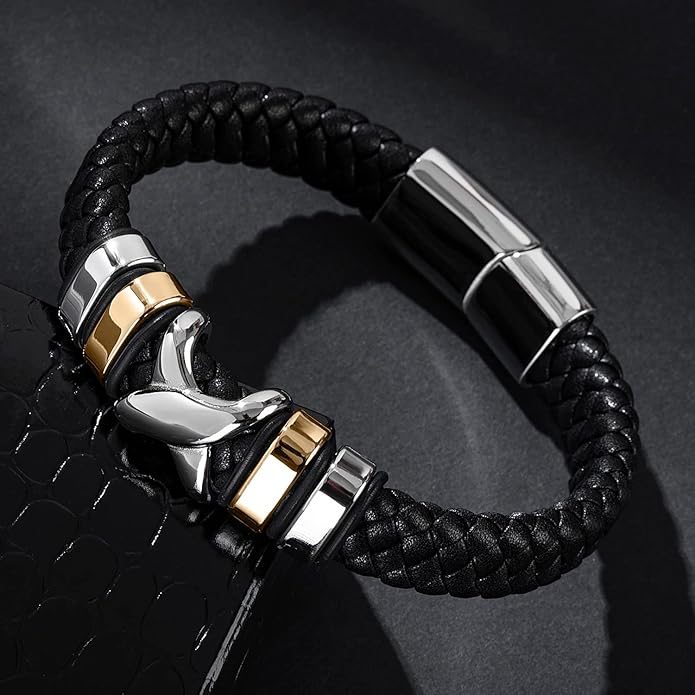 Leather Bracelet for Men Braided Cuff Wristband Stainless Steel Clasp in Silver and Gold Jewellery Gift