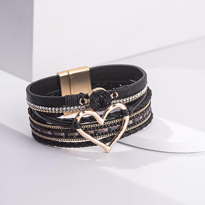 FANCY SHINY Heart Leather Wrap Bracelets Stackable Boho Cuff Bangles Trendy Resin Stone Rhinestone Bracelets with Magnetic Clasp for Women
