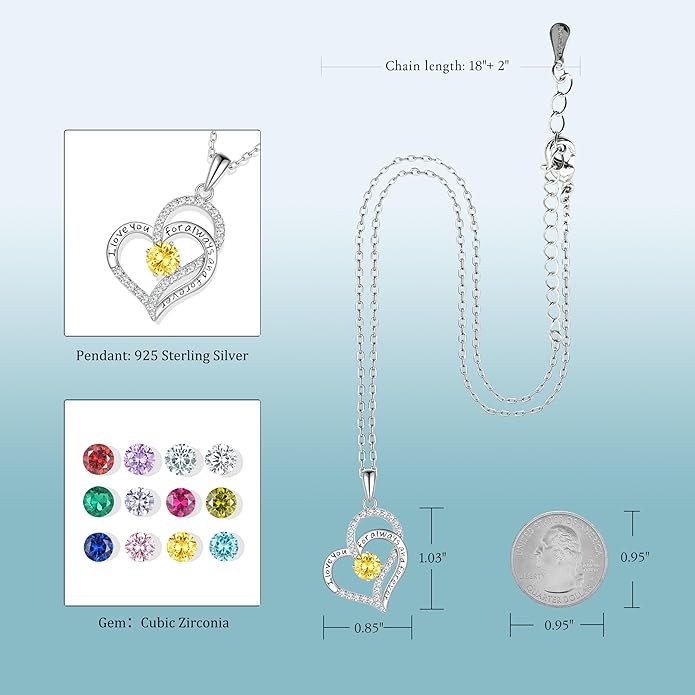 Heart Birthstone Silver Necklace for Women, S925 Sterling Silver Pendant Necklace Birthday Jewelry Gifts for Her Mother Mom Wife Girlfriend
