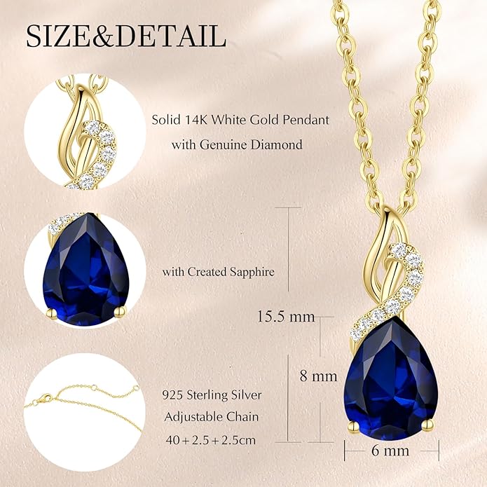 FANCIME 14K Solid Yellow Gold Teardrop Pendant with Diamond Birthstone Necklace Birthday Gifts for Mom Women, Sterling Silver Chain 16" + 2" Extender
