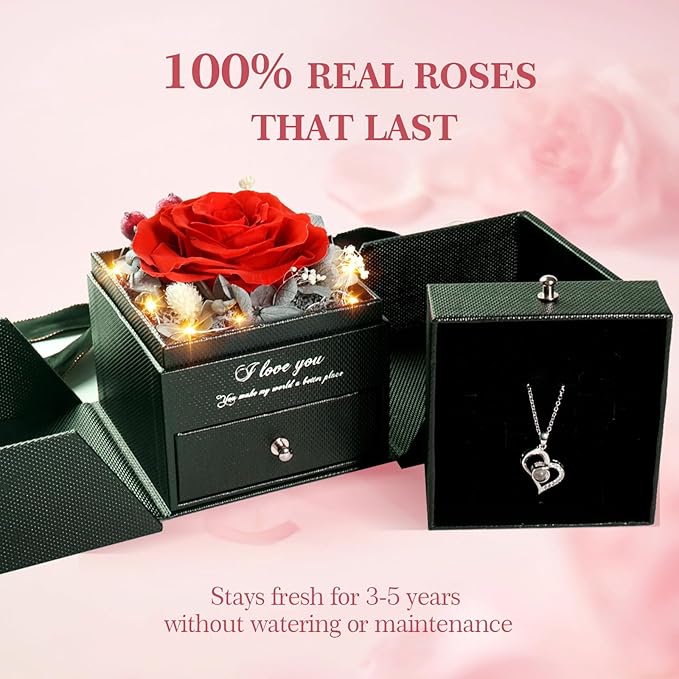 Preserved Real Roses with Heart Necklace I Love You in 100 Languages, Romantic Anniversary Christmas Valentines Day Gifts for Her Women Wife Girlfriend Mom, Forever Roses Necklace Gifts Red