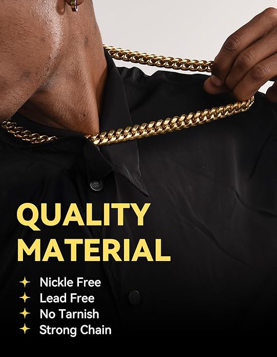 ChainsHouse Miami Cuban Link Chain Necklace for Men, 4.8mm/6mm/10mm/14mm Width, 14K Gold Plated/Stainless Steel/Black Mens Chunky Hip Hop Necklace Curb Chains, 14"-30" Length, Come Gift Box