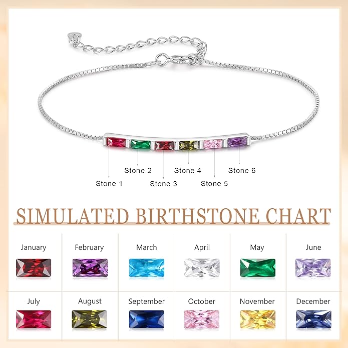 925 Sterling Silver Personalized Mom Birthstone Bracelets for Women — Custom Adjustable Dainty Jewelry for Mother’s Day, Birthday, Christmas Gifts for Mom Grandma Wife
