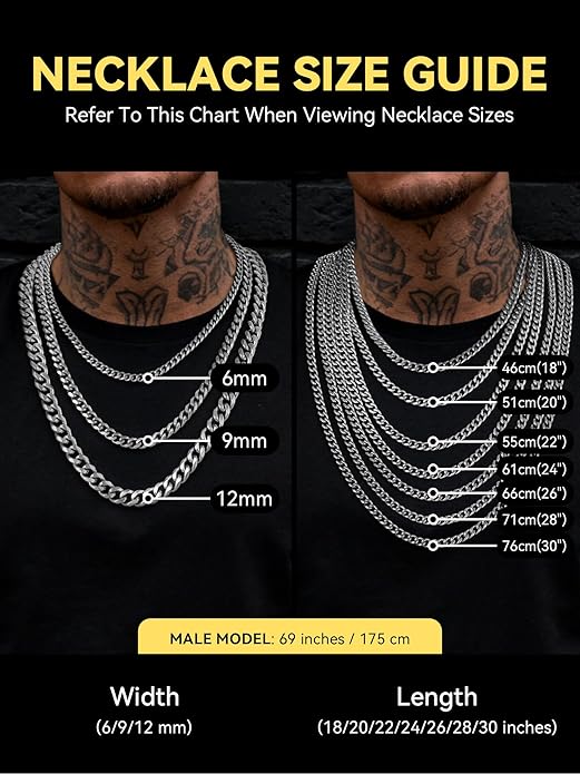ChainsHouse Cuban Chain Necklace for Men, Stainless Steel/Black/Gold Plated Miami Cuban Necklace 6/9/12MM Width 18"-30" Length Hip Hop Jewelry, Send Gift Box