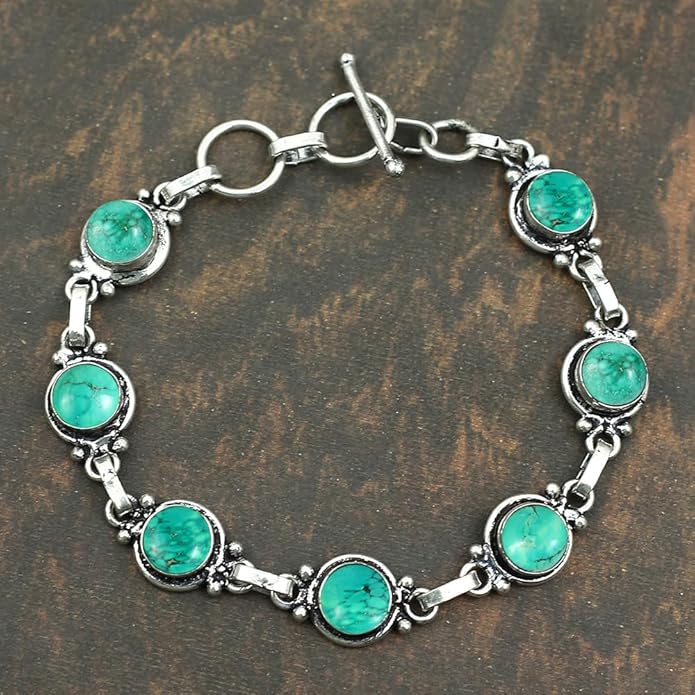 Round Shape Natural & Synthetic Gemstones Silver Plated Bracelets for Women - Vintage Bohemian Style Handmade Birthstone Adjustable Link Bracelet Jewelry Gifts for Wedding Anniversary Mother's Day