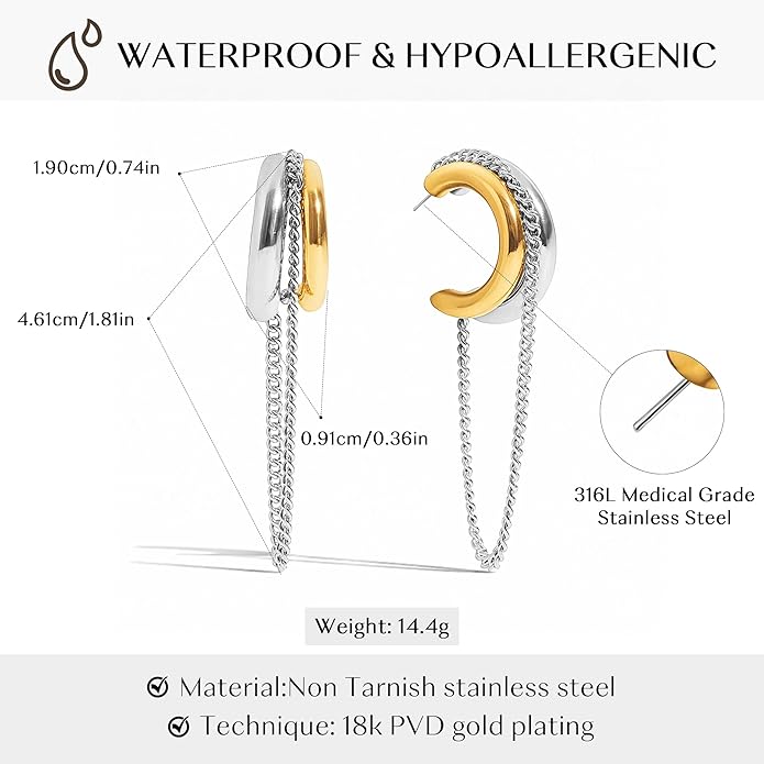 18K Gold Plated Hoop Earrings Gold and Silver Trendy Two Tone Dangling Chain Earrings,Waterproof Stainless Steel Hypoallergenic Earring,Statement Earrings for Daily Wear,Party,Birthday Jewelry Gifts