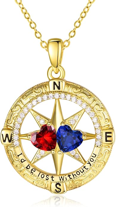 Zeuslia Double Birthstone Necklace Gifts for Wife - 925 Sterling Silver Sunflower/Rose/Crown Cross/Compass/Heart Pendant I Love You Necklace, Anniversary Birthday Gifts for Wife Girlfriend Mom Her