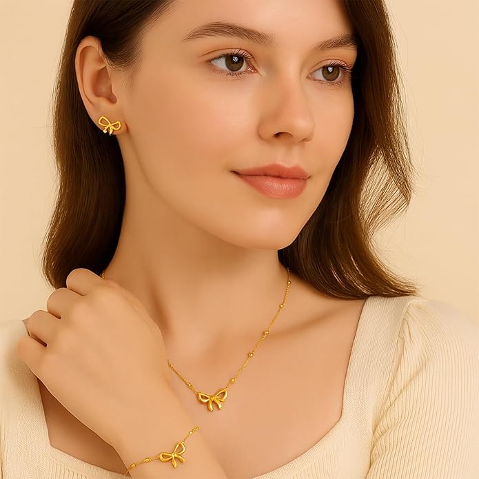Bow Earrings Necklace Bracelet Set for Women Dainty Bowknot Jewelry Set Gold Pendant Necklace Ribbon Stud Earrings Cute Bow Accessories Elegant Gift for Her