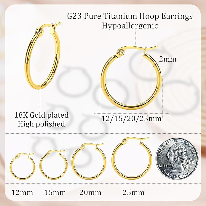 4 Pairs Titanium Hoop Earrings for Sensitive Ears Hypoallergenic Pure Titanium Earrings for Women Men G23 Lightweight Small Huggie Hoop Earrings Set 12MM 15MM 20MM 25MM