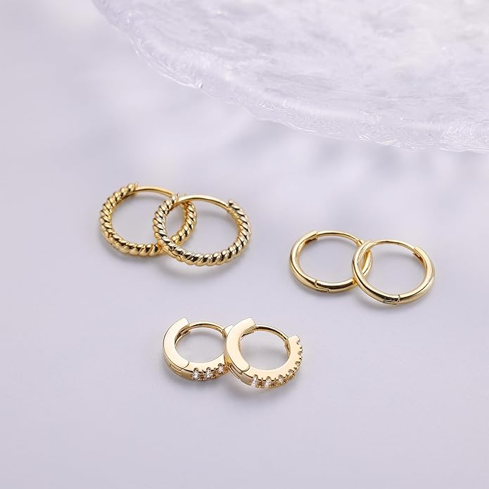 micuco 3 Pairs Small Hoop Earrings Set for Women, 14K Gold Plated Huggie Hoop Earrings for Men, Tiny Cartilage Hypoallergenic Earring Set