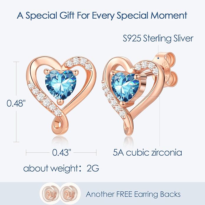 Earrings for Women, S925 Sterling Silver Rose Gold Birthstone Heart Studs Earring for Girlfriend Wife, Anniversary Birthday Christmas Valentines Mothers Day Gifts Jewelry for Women Wife Her Mom