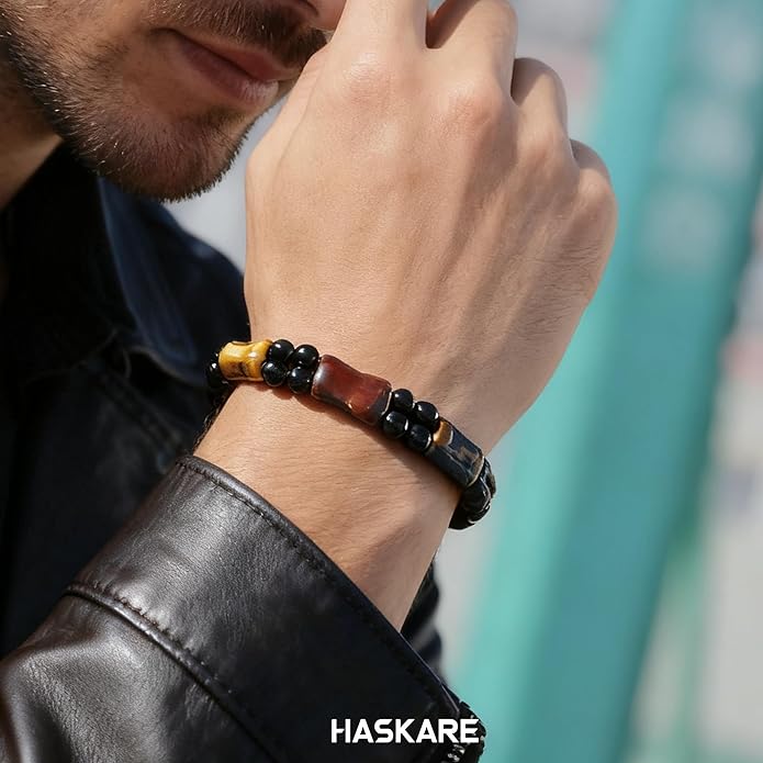Protection Crystals Mens Bracelet Tiger Eye, Natural Stone Multicolored Tiger Eye Bracelets for Men, HASKARE Healing Crystals Unique Energy Beads Bracelet Gift for Mens Jewelry Trendy Spiritual Relief