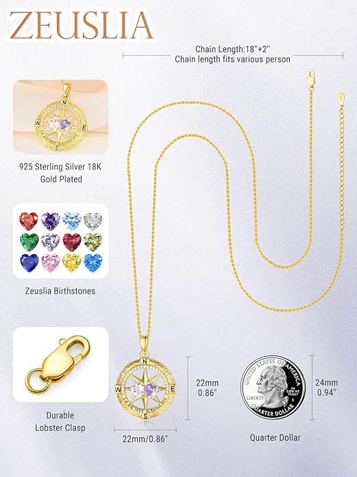Zeuslia Double Birthstone Necklace Gifts for Wife - 925 Sterling Silver Sunflower/Rose/Crown Cross/Compass/Heart Pendant I Love You Necklace, Anniversary Birthday Gifts for Wife Girlfriend Mom Her