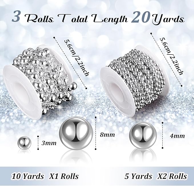 Bonuci 3 Rolls 66 Feet Pearls String Garland Faux Pearl Garland Spool Roll Strand Decoration Artificial Beads Chain Trim for Crafting String of Flowers Valentine Wedding Party(Silver,4mm)