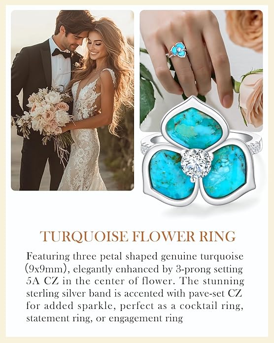 AIBAO Flower Gemstone Rings for Women Three Pental Turquoise/Malachite/Mother of Pearl Flower Ring with Cubic Zirconia Center Sterling Silver Statement Rings Size 6 to 10
