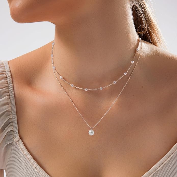 Gold Jewelry Set for Women - Dainty 14K Gold/Silver Plated Pearl Choker Necklace, Drop Earrings & Bracelets - Wedding Trendy Pearl Jewelry Gift