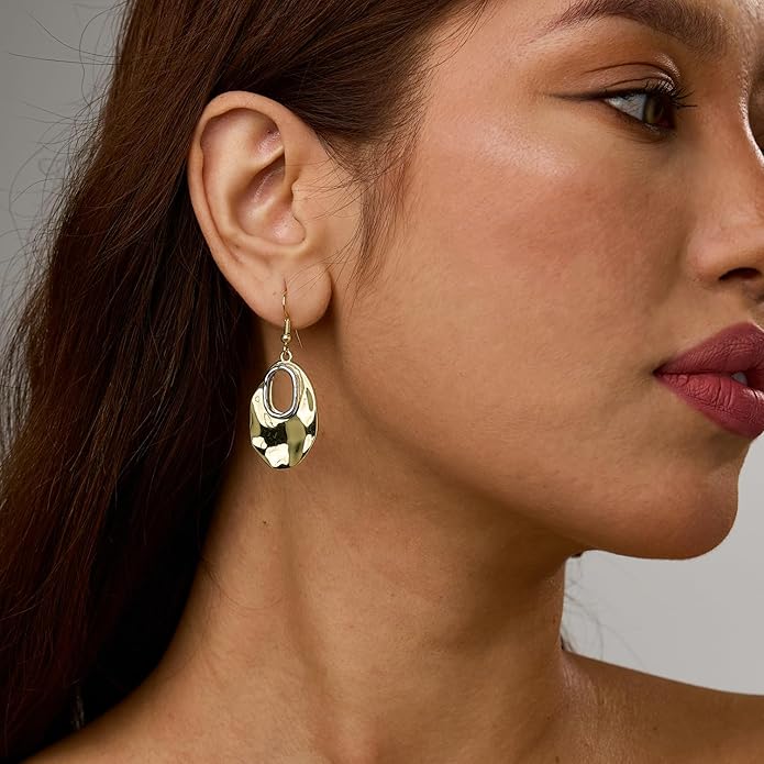Hefanny Large Hammered Teardrop Dangle Earrings Geometric Chunky Flower Earrings Women's Trendy Statement Jewelry Multiple Styles
