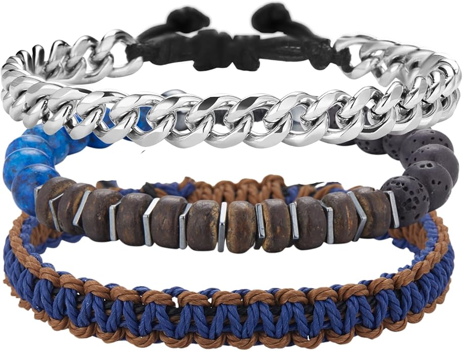 3pc Mens Beaded Bracelets Silver Stainless Steel Chain Bracelet for Men Handmade Braided Bracelet Sets Jewelry Gifts for Men