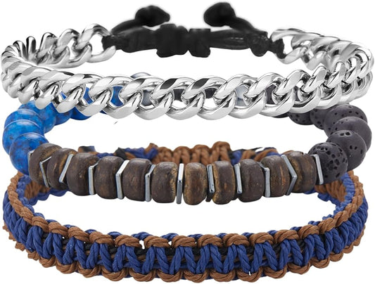 3pc Mens Beaded Bracelets Silver Stainless Steel Chain Bracelet for Men Handmade Braided Bracelet Sets Jewelry Gifts for Men