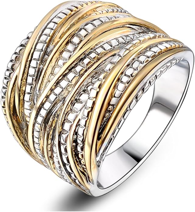 2 Tone Intertwined Crossover Statement Ring Fashion Chunky Band Rings for Women Wide Index Finger Rings Costume Jewelry