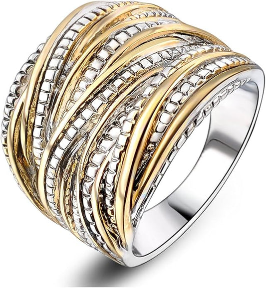 2 Tone Intertwined Crossover Statement Ring Fashion Chunky Band Rings for Women Wide Index Finger Rings Costume Jewelry