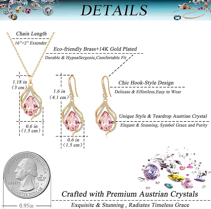EVEVIC Austrian Crystals Teardrop Hollow Twisted Pendant Necklace Earrings for Women 14K Gold Plated Halo Drop Dangle Earrings Hypoallergenic Jewelry Set