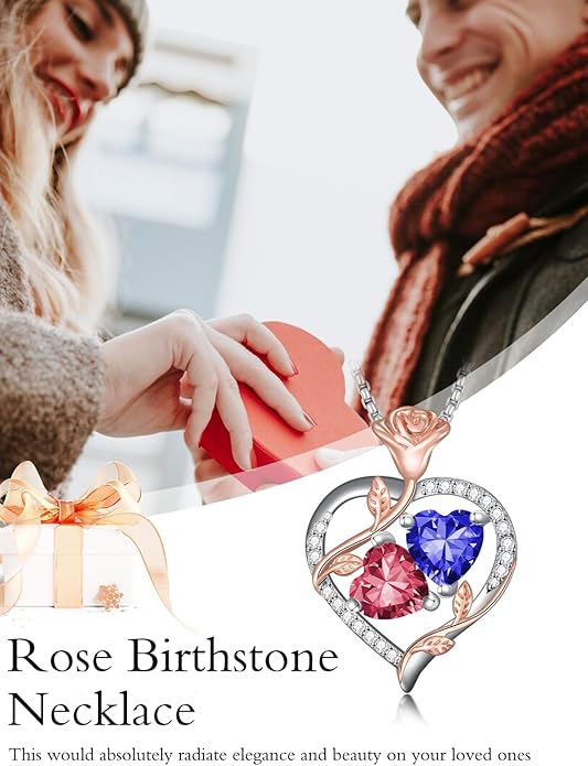 Christmas Gifts for Women Rose Heart Birthstone Pendant Necklace I Love You Forever Jewelry Valentine Mothers Day Birthday Gifts for Women Her Wife Girlfriend