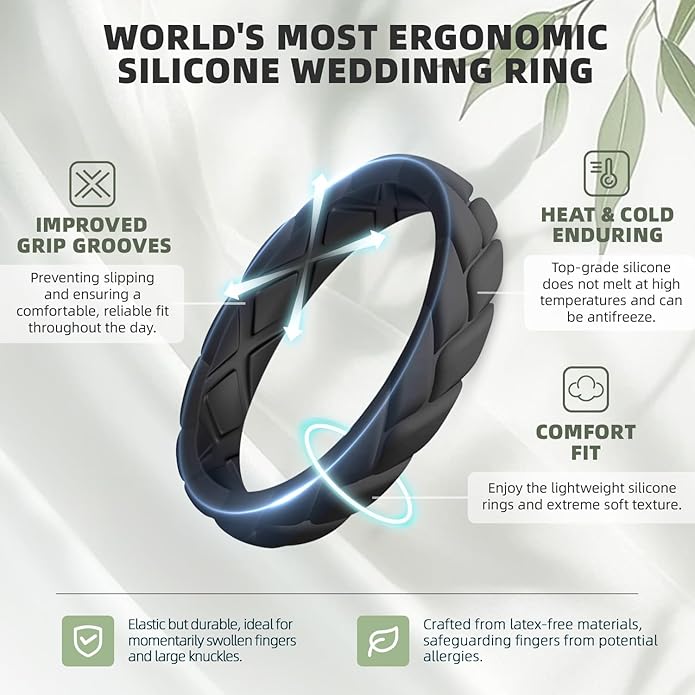 Egnaro Women's Silicone Stackable Rings 3.5mm Wide 2mm Thick, Rubber Flexible Hypoallergenic Wedding Bands For Workout Leaf Braided Fashion