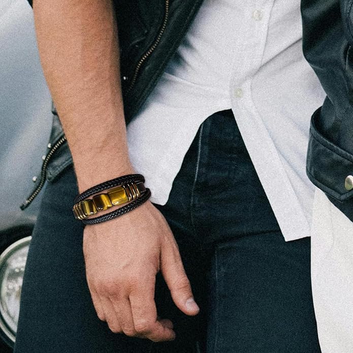 STARCHENIE Multi Strand Bracelet for Men Square Authentic Tiger Eye Black Braided Leather Mens Bracelet and Stainless Steel Buckle