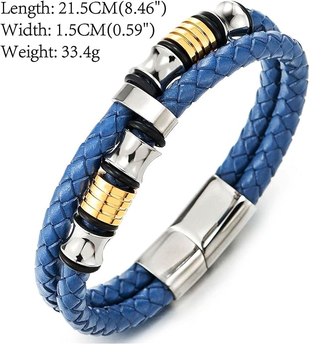 COOLSTEELANDBEYOND Mens Double-Row Braided Leather Bracelet Bangle Wristband with Stainless Steel Ornaments