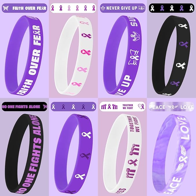JUNEBRUSHS 64pcs Purple Ribbon Awareness Silicone Bracelets Hope Faith Courage Accessories Wristbands for Lupus Domestic Violence Epilepsy Pancreatic Cancer Alzheimers Awareness Party Supplies