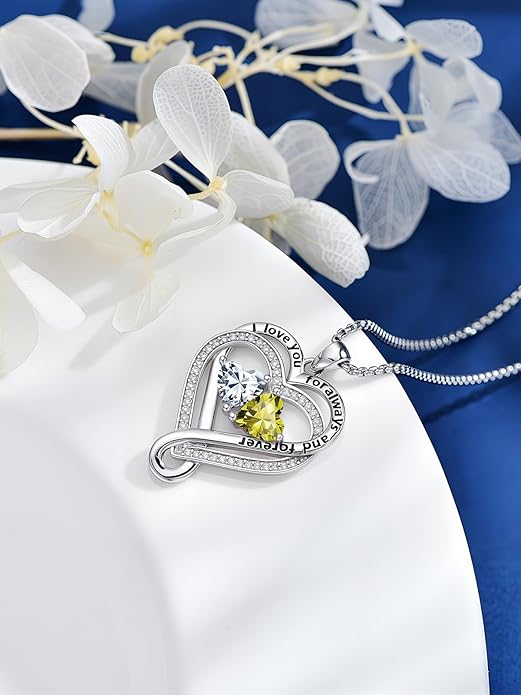I Love You for Awlays and Forever Double Heart Necklace with Birthstone, 2 Birth Stone Jewelry Anniversary Valentines Mothers Day Christmas Birthday Gifts for Women Her Wife Girlfriend Mom Mother