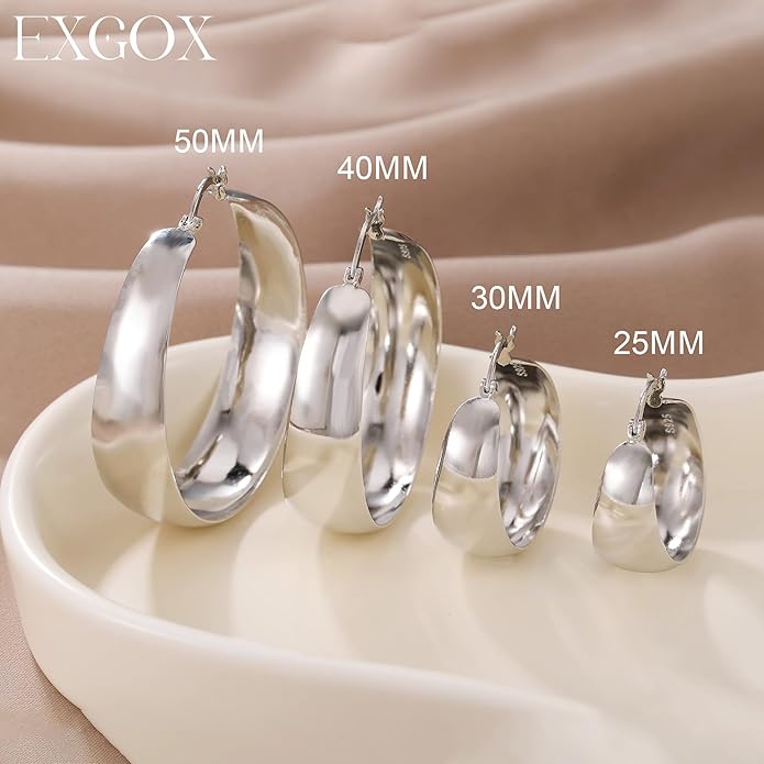 EXGOX Gold Hoop Earrings for Women Sterling Silver Post Hoops Earrings for Women Wide Thick Silver Hoop Earrings Hypoallergenic Lightweight 14k Real Gold Plated Hoop Large Earrings (25/30/40/50MM)