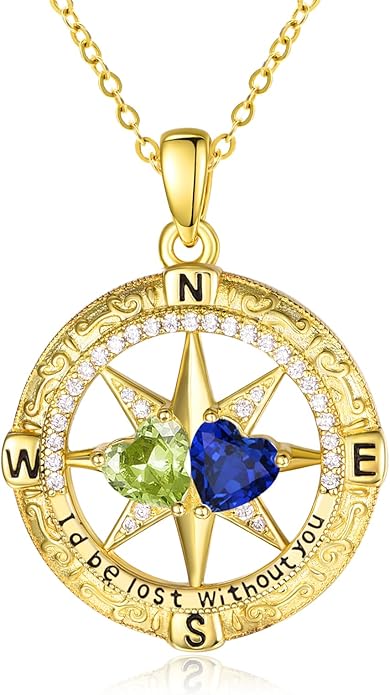 Zeuslia Double Birthstone Necklace Gifts for Wife - 925 Sterling Silver Sunflower/Rose/Crown Cross/Compass/Heart Pendant I Love You Necklace, Anniversary Birthday Gifts for Wife Girlfriend Mom Her
