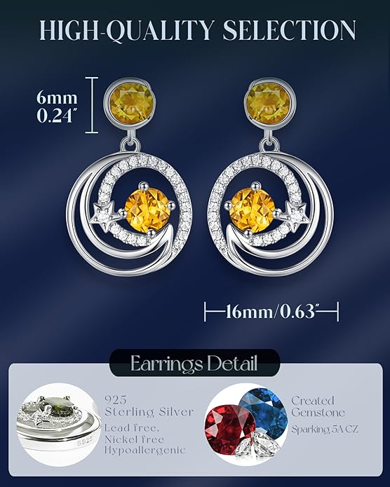 FANCIME Dangle Drop Earrings 925 Sterling Silver Moon Star Round Gemstone Birthstone Jewelry Birthday Christmas Gifts for Her Women