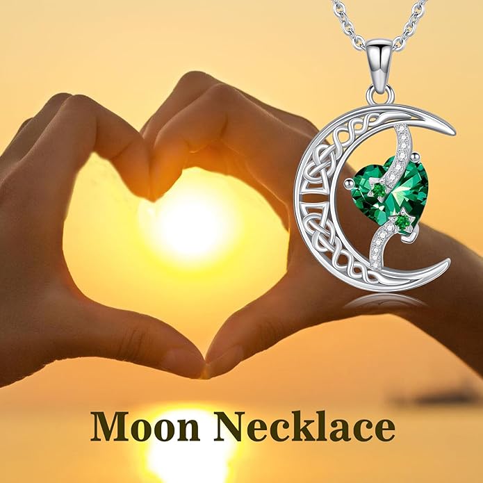 TOUPOP Moon and Star Birthstone Necklace for Women 925 Sterling Silver Celtic Moon Jewelry Birthday Christmas Gifts for Her Girlfriend