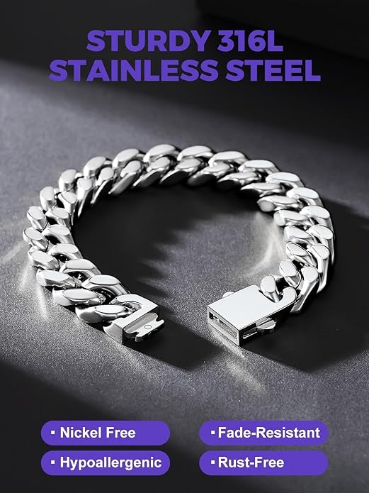 Richsteel 5/7/9/12mm Wide Miami Cuban Link Chain Bracelet for Men Women,Stainless Steel/Gold/Black Plated,7.4/8.2/9 Inch Length,Hip Hop Urban Street-wear Jewelry(Gift Wrapped)