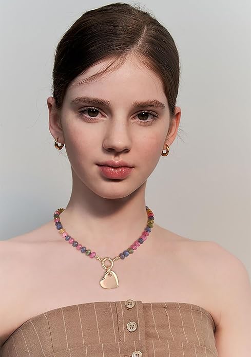 CLASSYZINT Gold Heart Pendant Necklace for Women Puffy Heart Necklace Beads Chain Necklace Statement Necklace Trendy Jewelry