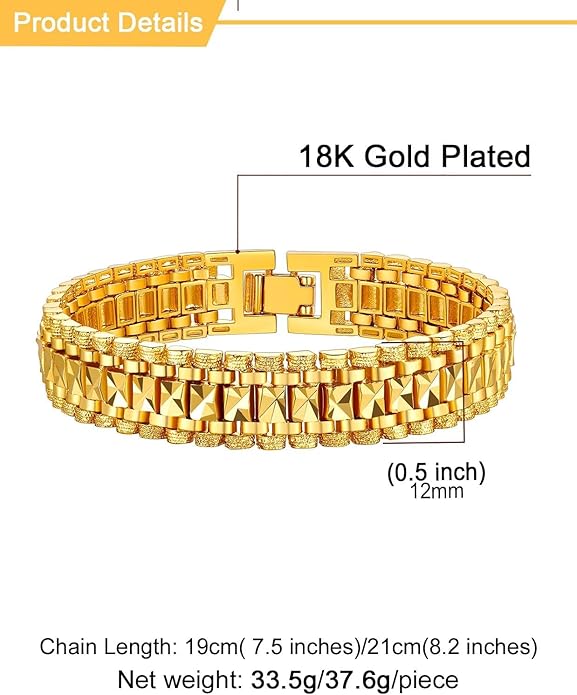 U7 Link Bracelets for Men, Cuban Link/Rope/Watch Band Solid Bracelet, Silver Black Gold Color Wrist Bracelet 3/6/9/12/15mm Width, 6.5/7.5/8.3 Inch Length, Hand Chain Jewelry for Mens Women