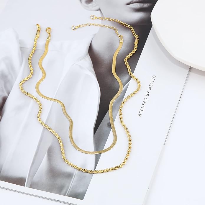 Freekiss Herringbone Necklace for Women,Dainty Gold Necklace,14k Gold Plated Snake,Gold Chain Choker Necklaces,Simple Gold Layered Necklaces,Gold Jewelry Gift for Women