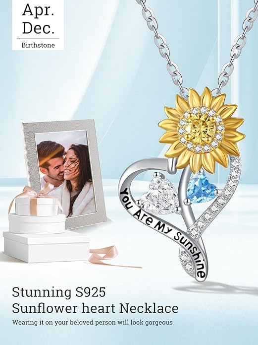 Zeuslia Double Birthstone Necklace Gifts for Wife - 925 Sterling Silver Sunflower/Rose/Crown Cross/Compass/Heart Pendant I Love You Necklace, Anniversary Birthday Gifts for Wife Girlfriend Mom Her