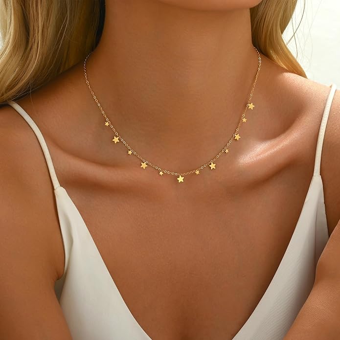 Gold Chain Necklace for Women 18K Gold Plated Stainless Steel Necklace Dainty Star Cross Heart Choker Chains Simple Delicate Minimalist Trendy Jewelry
