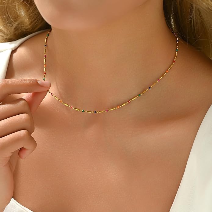 Gold Chain Necklace for Women Dainty 18K Gold Plated Thin Satellite Beaded Turquoise Necklace Simple Gold Boho Jewelry