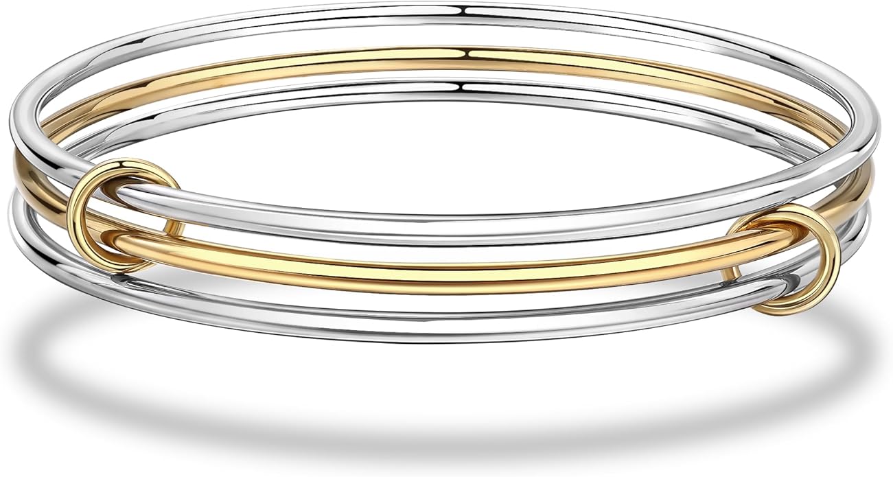 QOBEBOTA Stackable Bangles Bracelets for Women Trendy 18K Gold Plated Stainless Steel Non Tarnish Mixed Metal Bracelet Stack Triple Interlocked Two Tone Jewelry Set Gold and Silver Bracelets for Women