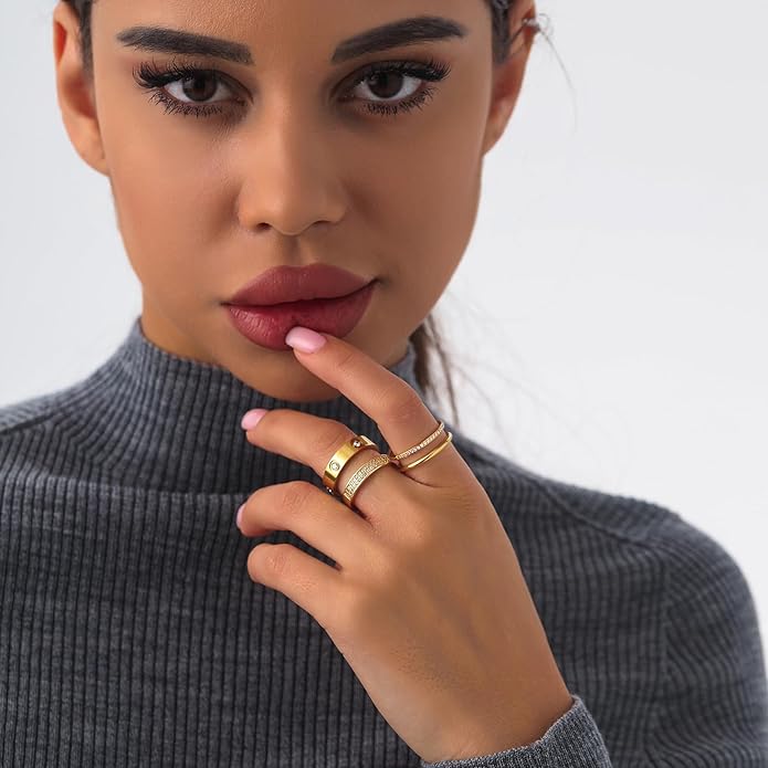 PDWZNBA Gold Rings for Women Non Tarnish Stackable Rings Trendy Dainty 18K Gold Plated Stacking Rings Set Love Friendship Rings Band Rings Promise Wedding Engagement Rings Size 5-11