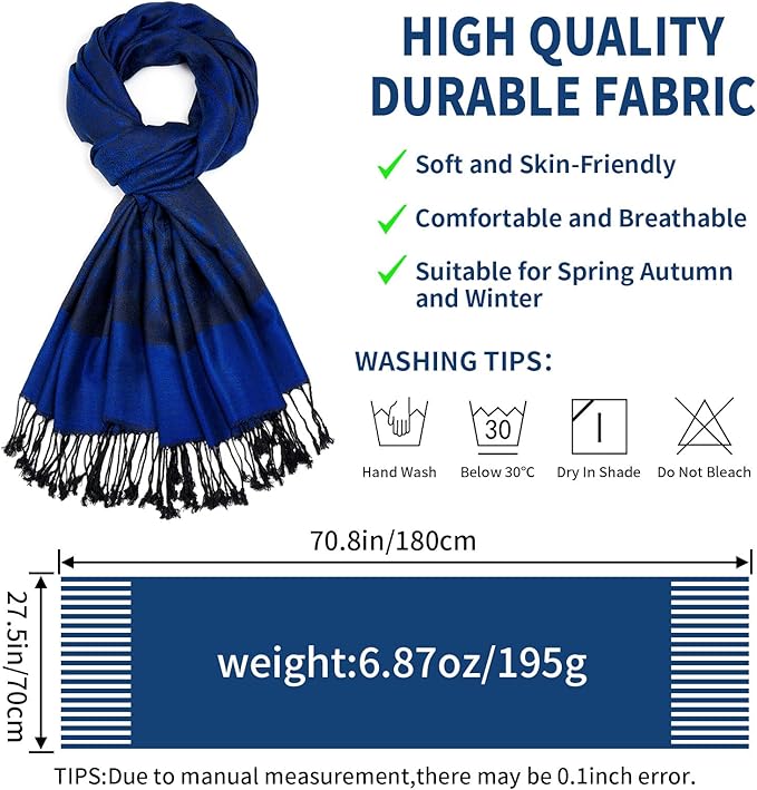 QIUTIMIY Paisley Pashmina Shawl Wrap Women Reversible Vintage Jacquard Pashmina Rave Scarf with Fringe for Evening, Wedding
