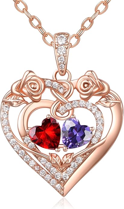 JIYVY32 Rose Heart Necklace for Women Exquisite 925 Sterling Silver Anniversary Birthday Gifts for Wife Mom Her Double Birthstone Pendant Jewelry